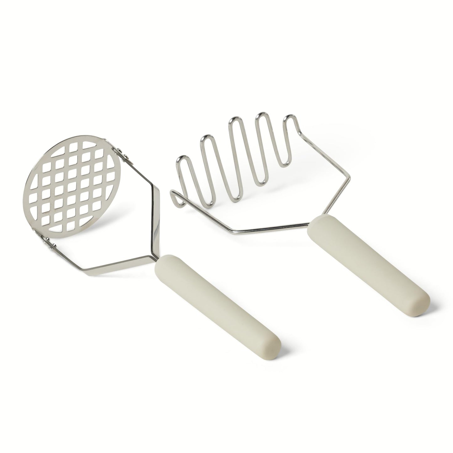Amazon Basics Potato Mashers, 2-Piece Set, Stainless Steel, Soft Grip Handle, Dishwasher-Safe, Linen Gray