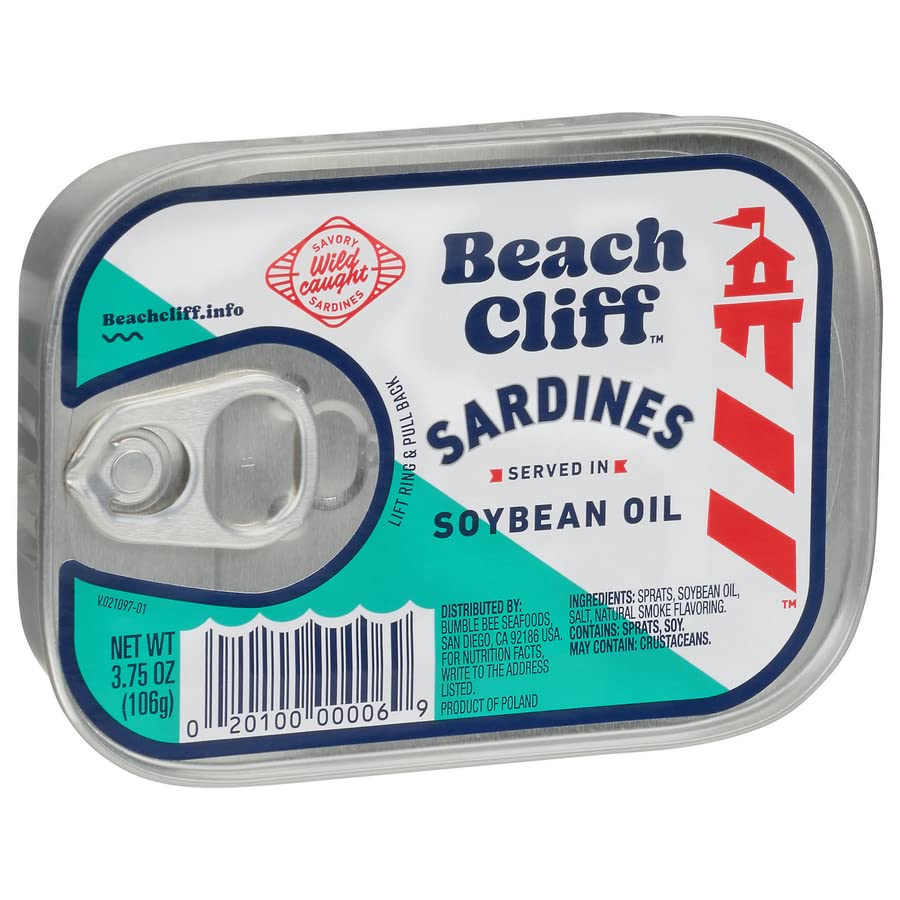 Beach Cliff Sardines in Water, 3.75 oz Can (Pack of 12) - Wild Caught Sardines - 12g Protein per Serving - Gluten Free, Keto Friendly