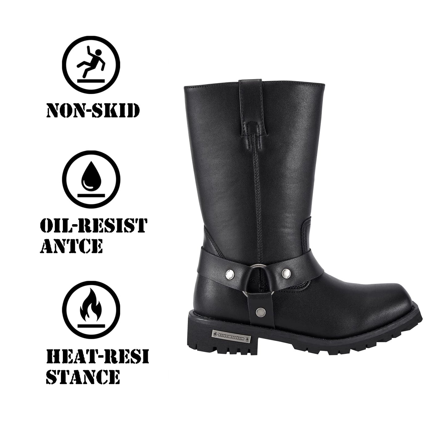 GARGOYLE BELLS Mens Harness Straps Motorcycle Leather Boots Black Waterproof Biker Boots For Men- Low Heel Riding Boots