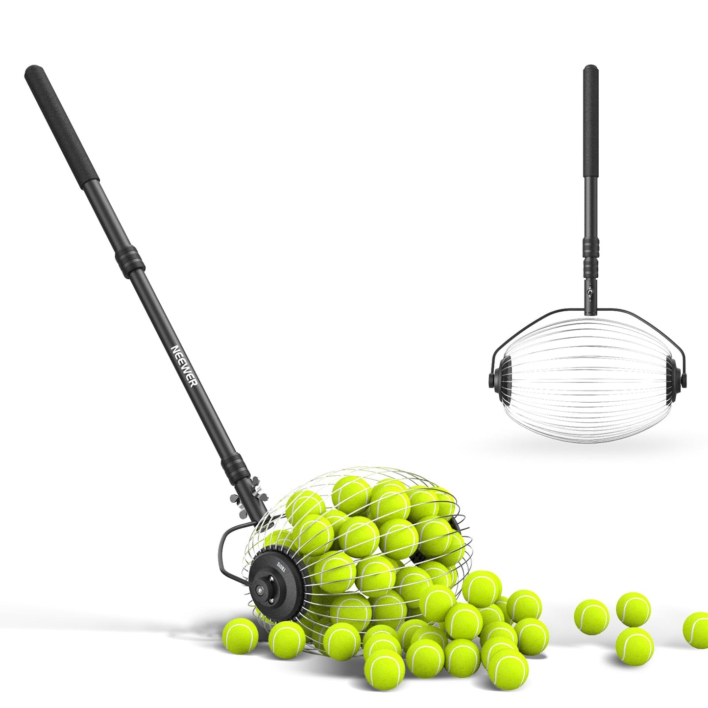 NEEWER Tennis Ball Pickleball Collector Roller, No Bending Over Quick Rolling Picker for 1.5"-3" Balls, 30-58"/77-148cm Telescopic Golf Ball Retriever for Up to 40 Tennis Balls, TB01S