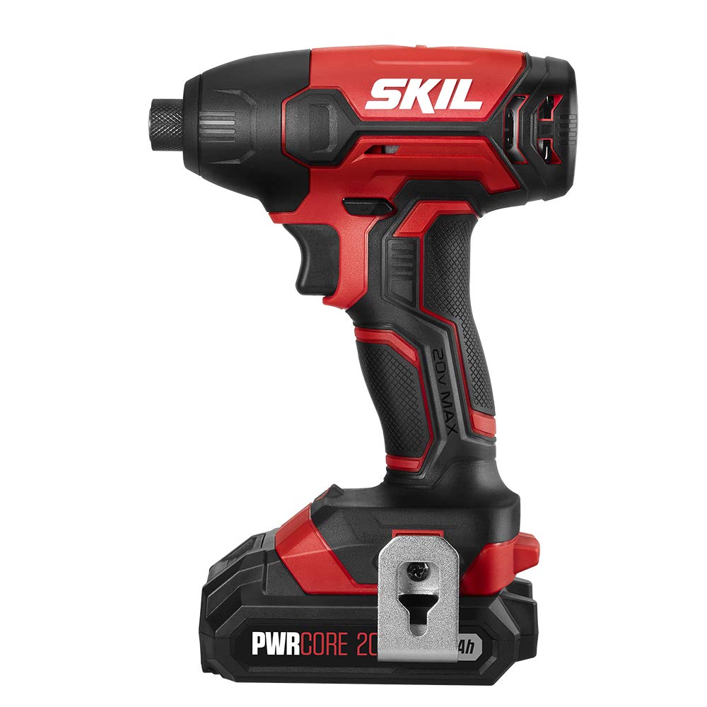 SKIL 20V 4-Tool Combo Kit: 20V Cordless Drill Driver Reciprocating Saw, Circular Saw and Spotlight, Includes Two 2.0Ah PWR CORE Lithium Batteries and One Charger - CB739701,Black, Red
