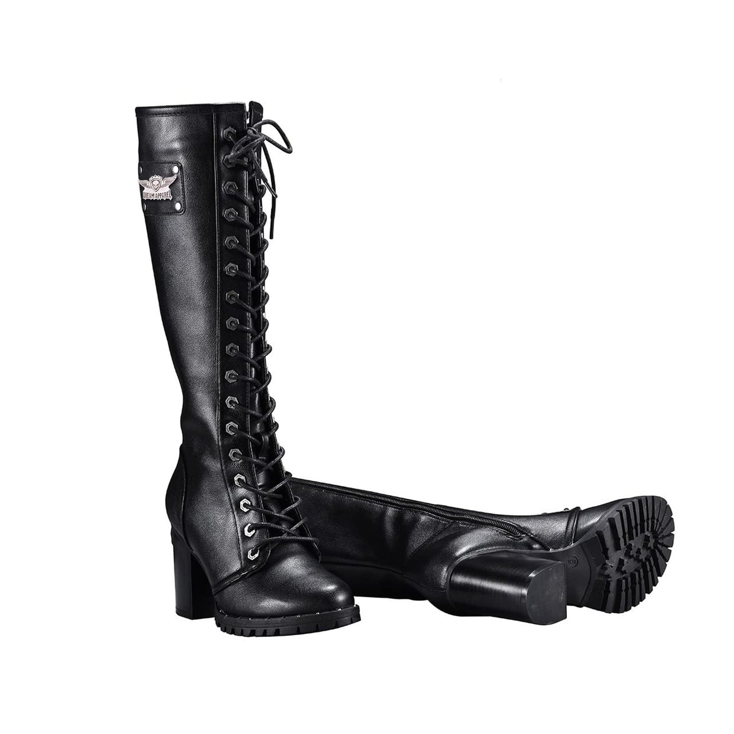 Dream Apparel Women's Faux Leather Lace Up Knee High Boots, Black Motorcycle Riding Boots with Chunky Heel, Sexy Biker Boots with Side Zipper