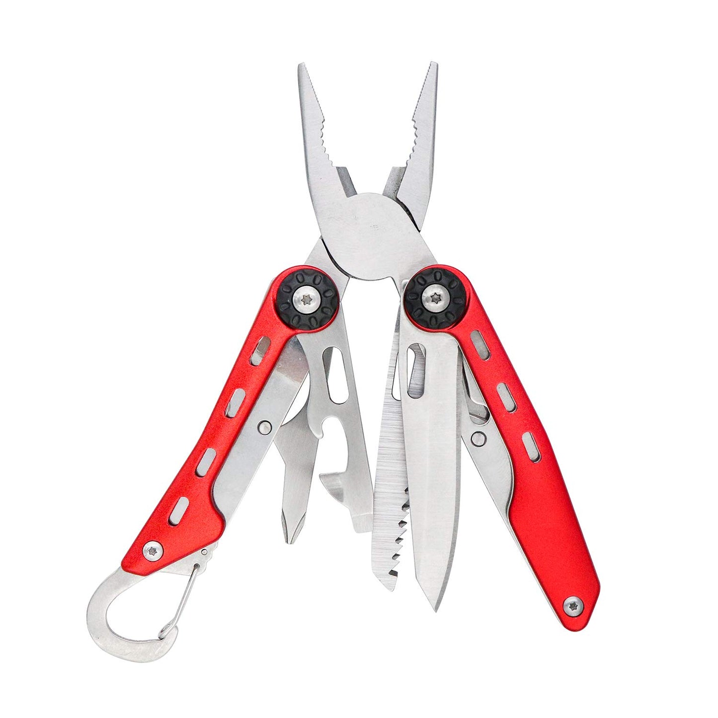 Amazon Basics 10-in-1 Stainless Steel Multitool for Hiking and Survival Gear with Needlenose Pliers, Wire Cutter, Saw, Safety Lock, Nylon Sheath, Red