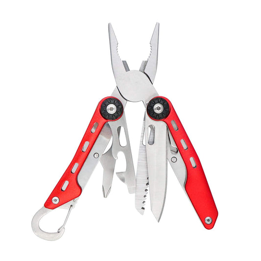 Amazon Basics 10-in-1 Stainless Steel Multitool for Hiking and Survival Gear with Needlenose Pliers, Wire Cutter, Saw, Safety Lock, Nylon Sheath, Red
