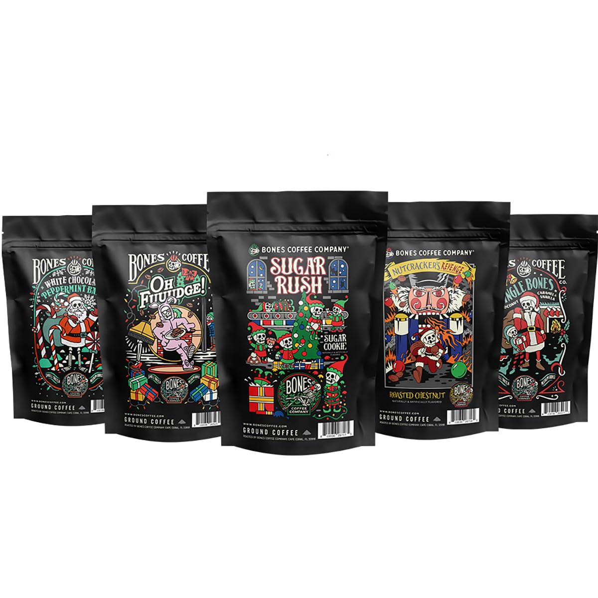 Bones Coffee Company World Tour Coffee Gift Set, 5 Packs Flavored Coffee, Medium Roast Low Acid, 4 Oz Ground