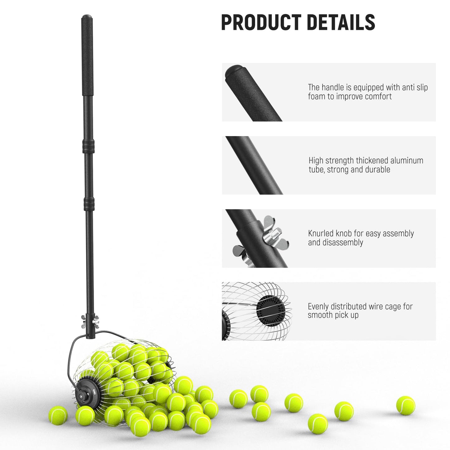 NEEWER Tennis Ball Pickleball Collector Roller, No Bending Over Quick Rolling Picker for 1.5"-3" Balls, 30-58"/77-148cm Telescopic Golf Ball Retriever for Up to 40 Tennis Balls, TB01S