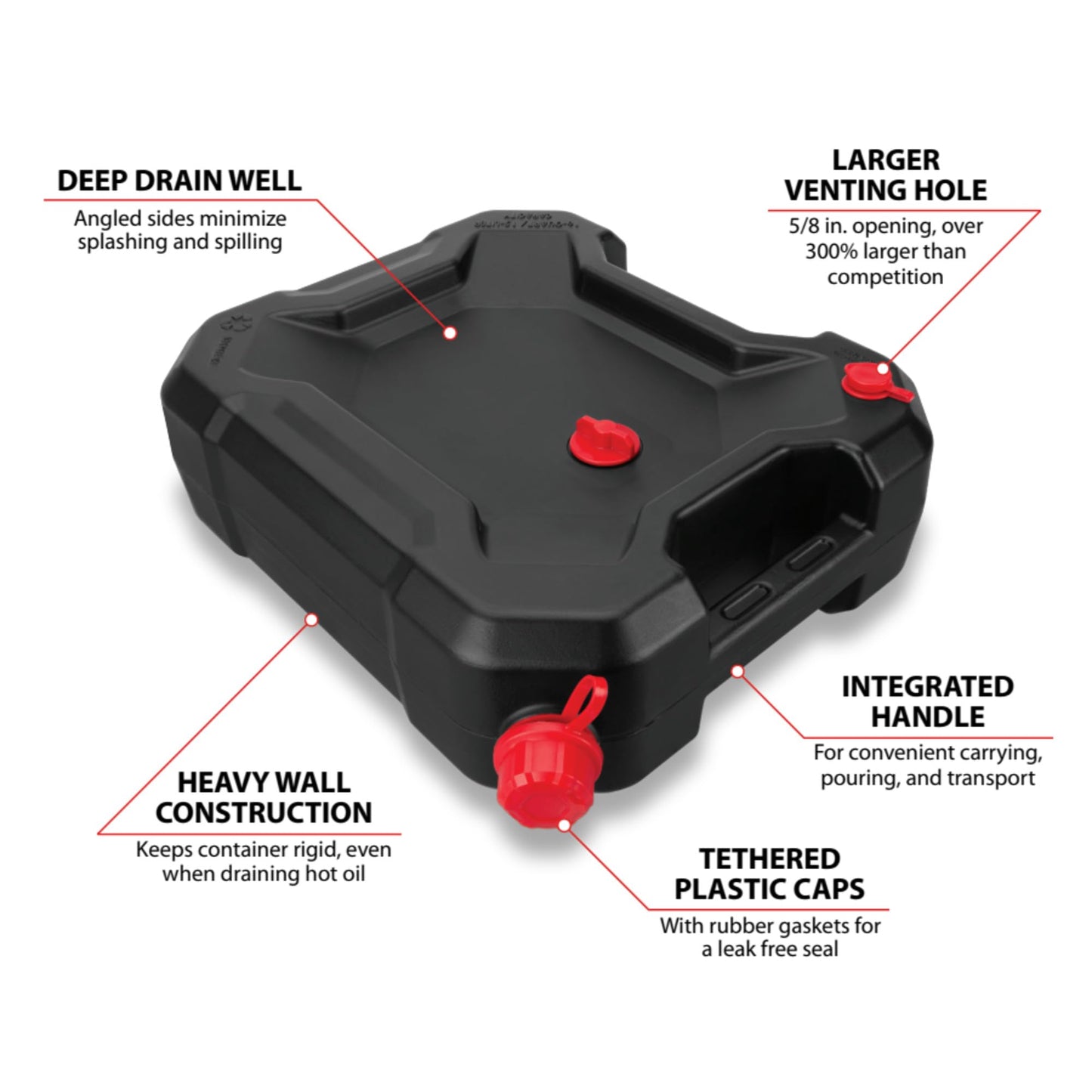 Performance Tool W4076 10-Quart Oil Drain Container, Deep Drain Well, Integrated Handle, Sealing Rubber Gaskets, Black