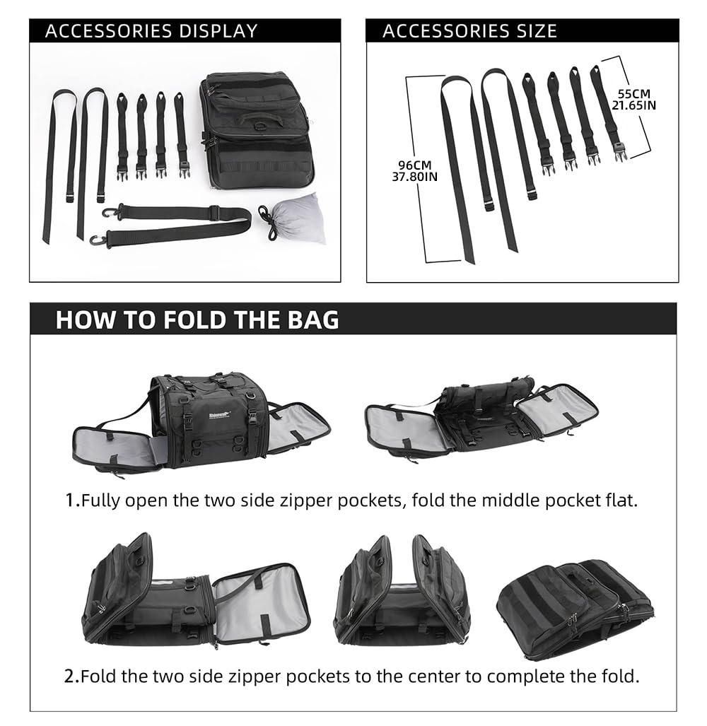 Rhinowalk Motorcycle Tail Bag, Expandable Motorcycle Travel Luggage Bags 60L, Waterproof All-Weather Trunk Rack Bag with Sissy Bar Straps & Helmet Rain Cover – Black