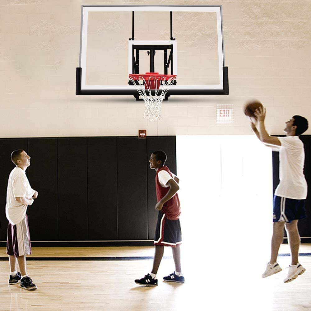 KATOP Basketball Hoop Wall Mount Garage with a 60''x36'' Tempered Glass Backboard, Pre Installed Pads and Heavy Duty Basketball Rim and Net, Effortlessly Height Adjustable from 7.5’’ to 10’’