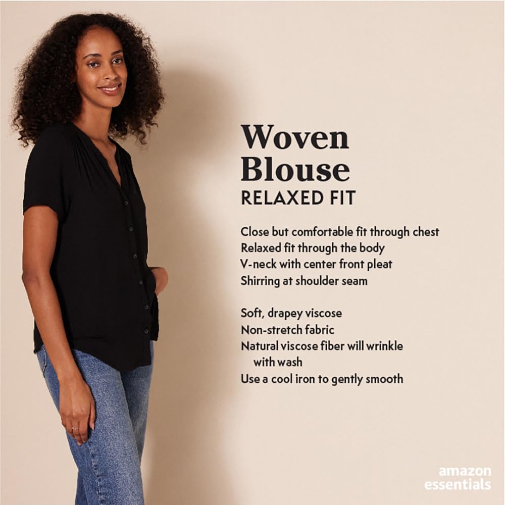Amazon Essentials Women's Relaxed-Fit V Neck Short-Sleeve Woven Blouse, Business Casual