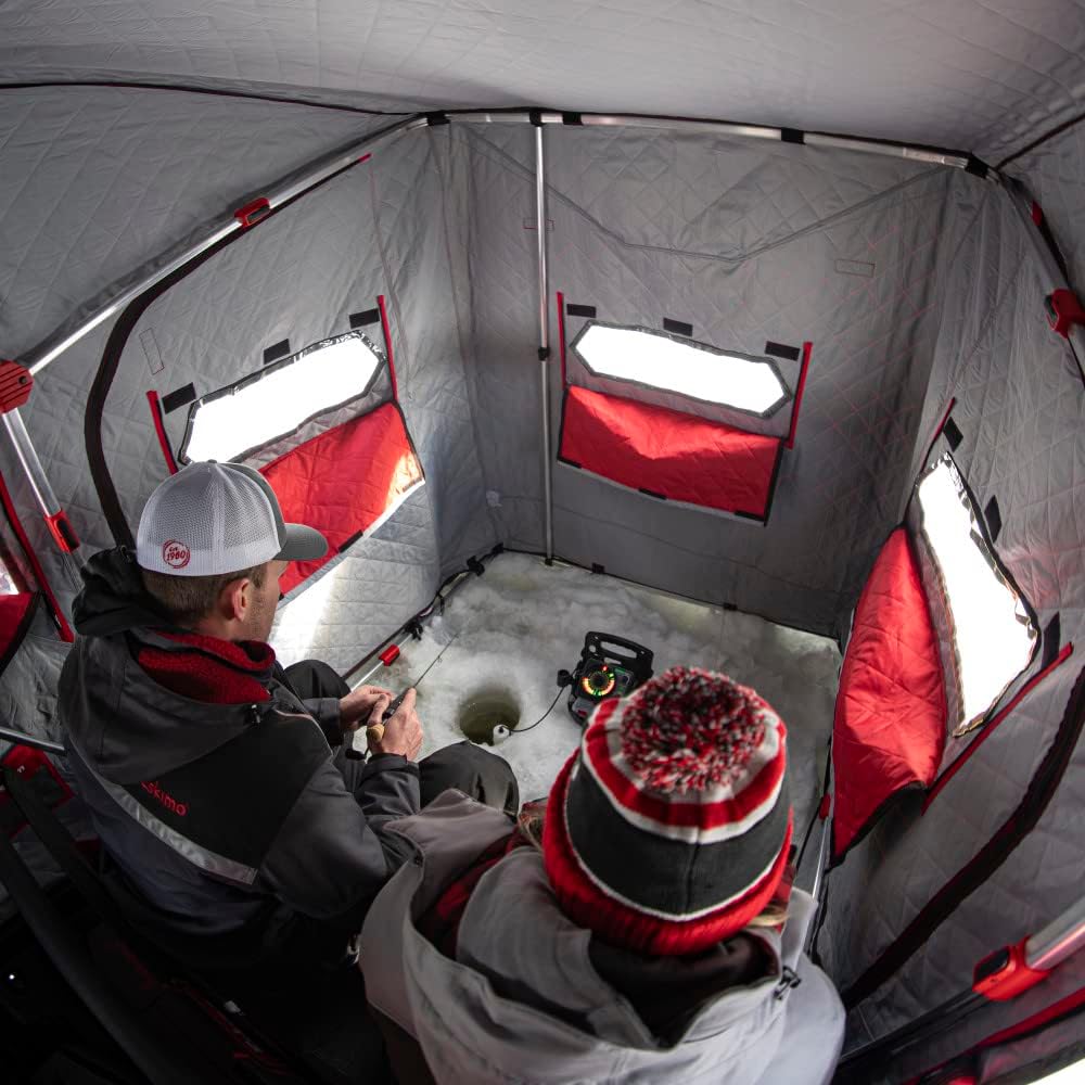 Eskimo Eskape 2400 Insulated 2 Person Ice Fishing Side-Door Sled Shelter with 60-Inch Sled and TearTuff Bench Seat Seats, Red/Black