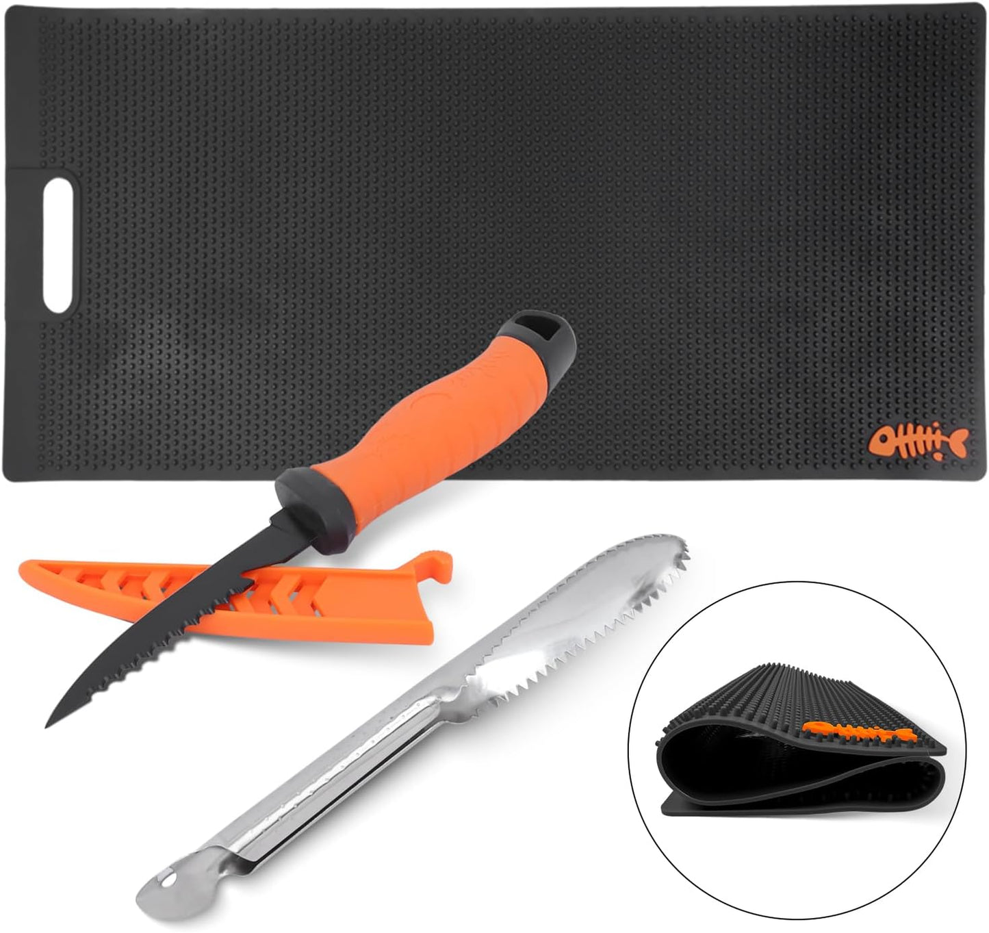28 Inch Non Slip Fish Fillet Mat Kit Heavy Duty Rollable Fish Bait Cutting Board Large Size Fish Cleaning Mat with 5 inch Fillet Knife and Fish Scaler Portable Fish Filleting Mat