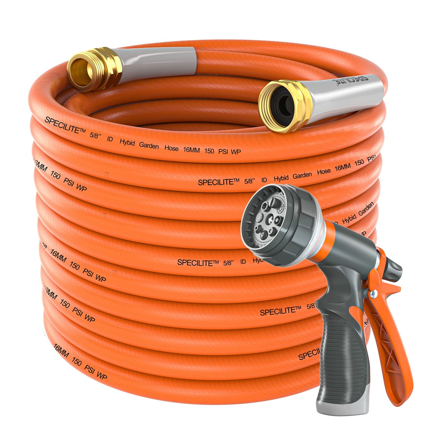 Garden Hose 50 ft x 5/8 in Heavy Duty, Flexible and Lightweight Water Hose, Burst 600 psi, Kink-less Hybrid Rubber Hose for Backyard, 3/4'' Brass Fittings