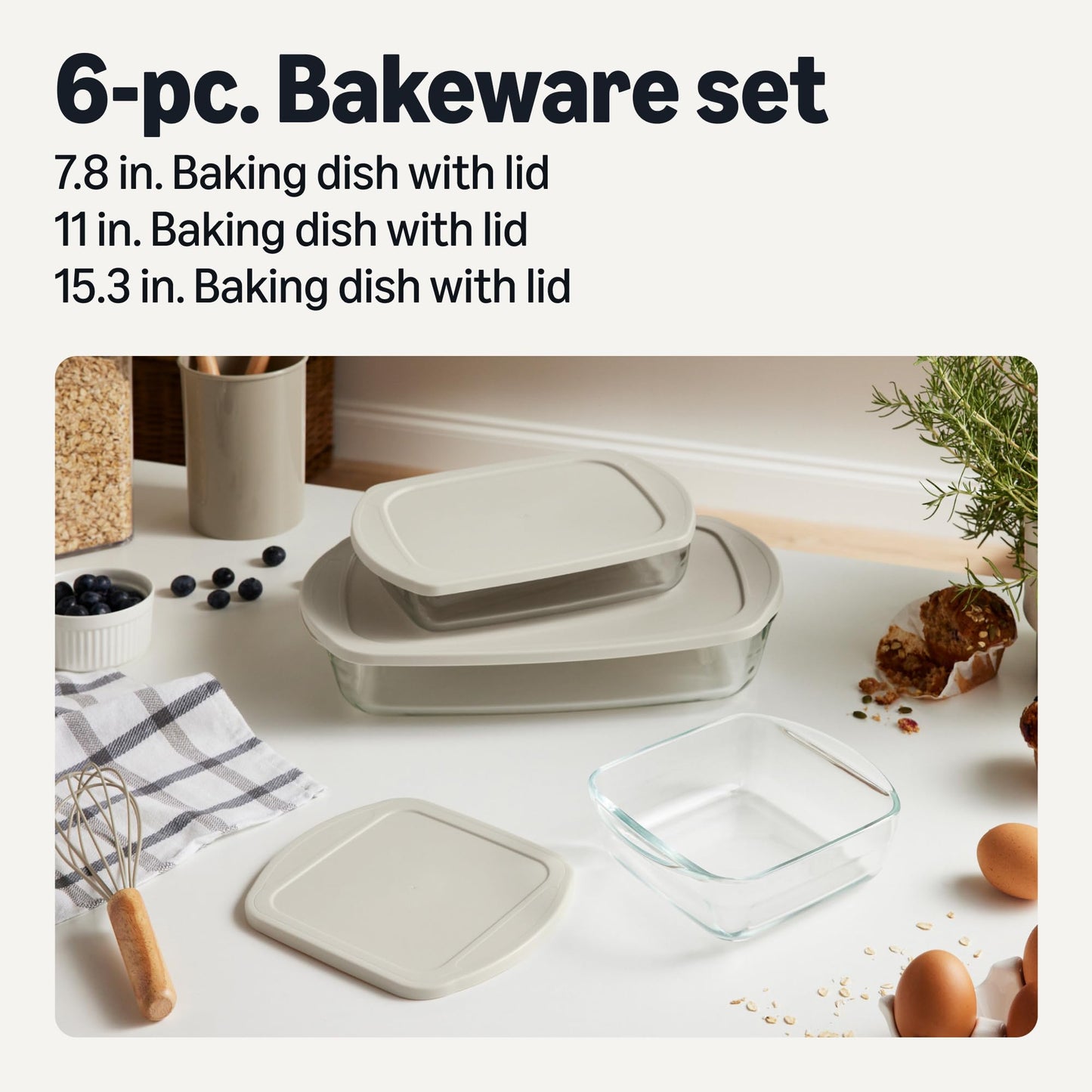 Amazon Basics Glass Baking Dishes with BPA-Free Lids, 6-Piece Set, Borosilicate Glass, Dishwasher and Oven-Safe, Linen Gray