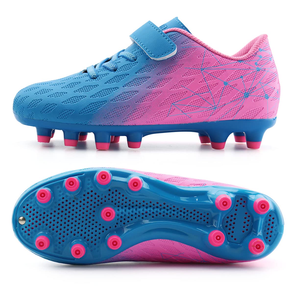 brooman Kids Firm Ground Soccer Cleats Boys Girls Athletic Outdoor Football Shoes (8,Blue Pink)
