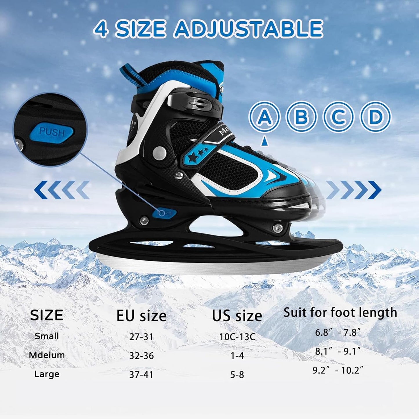 MammyGol Adjustable Ice Skates for Kids, Boys and Girls, Hockey Lace-Up Skate, Blue Ice Skating Size L for Beginner