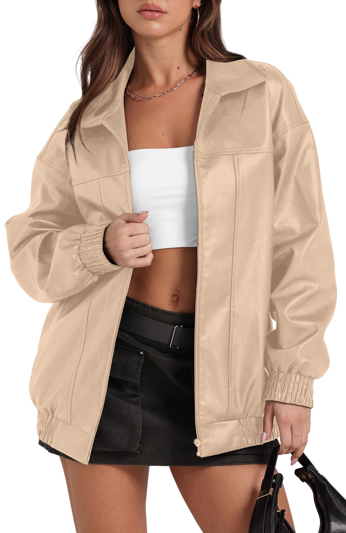 SAMPEEL Leather Jacket Women Faux Oversized Motorcycle Bomber Coats 2024 Fall Fashion Outfits Winter Clothes