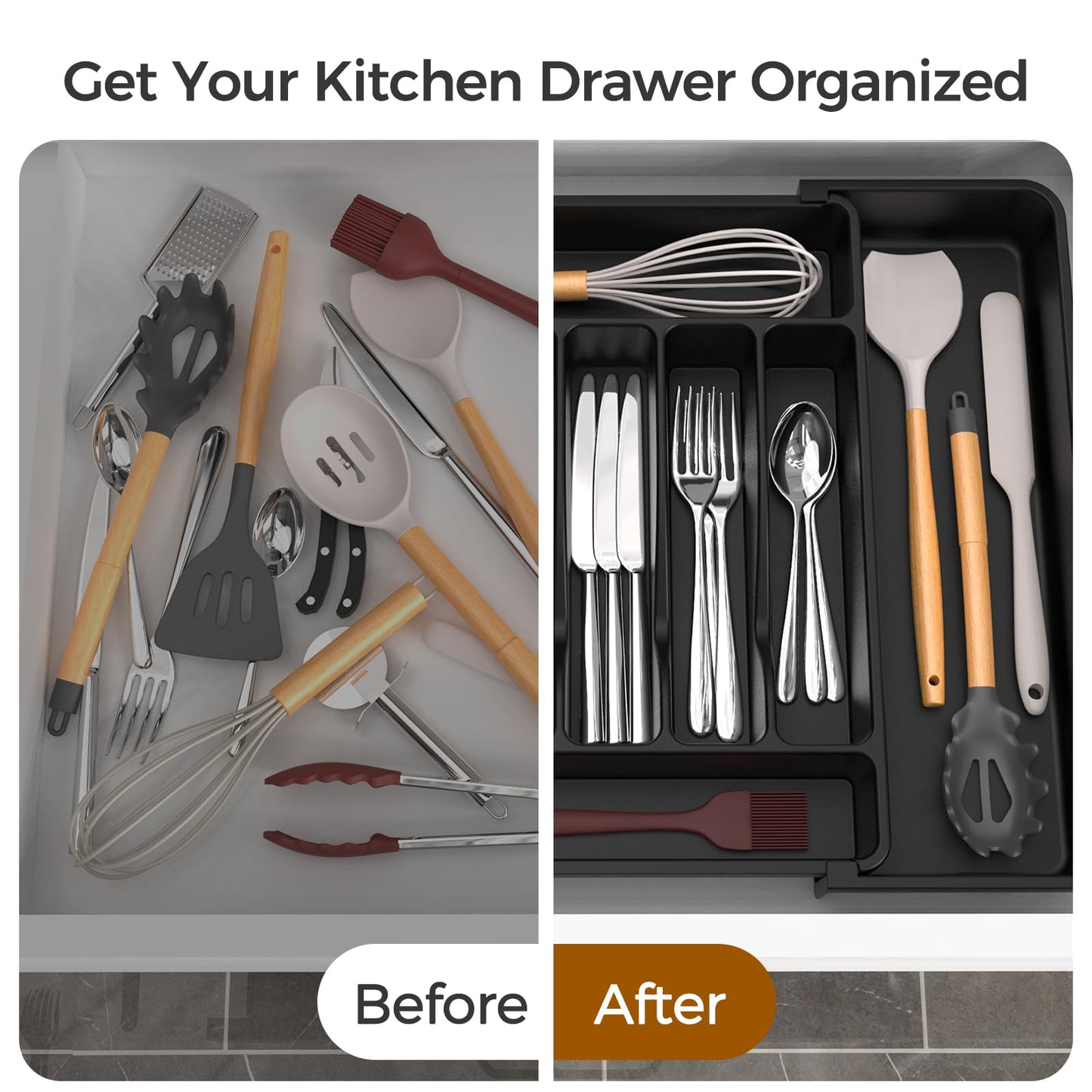 ukeetap Extra Large Expandable Silverware Organizer, BPA-Free Food-Safe Cutlery Flatware Organizer, Kitchen Utensil Drawer Organizer, Adjustable Silverware Holder for Spoons Forks Knives, Black