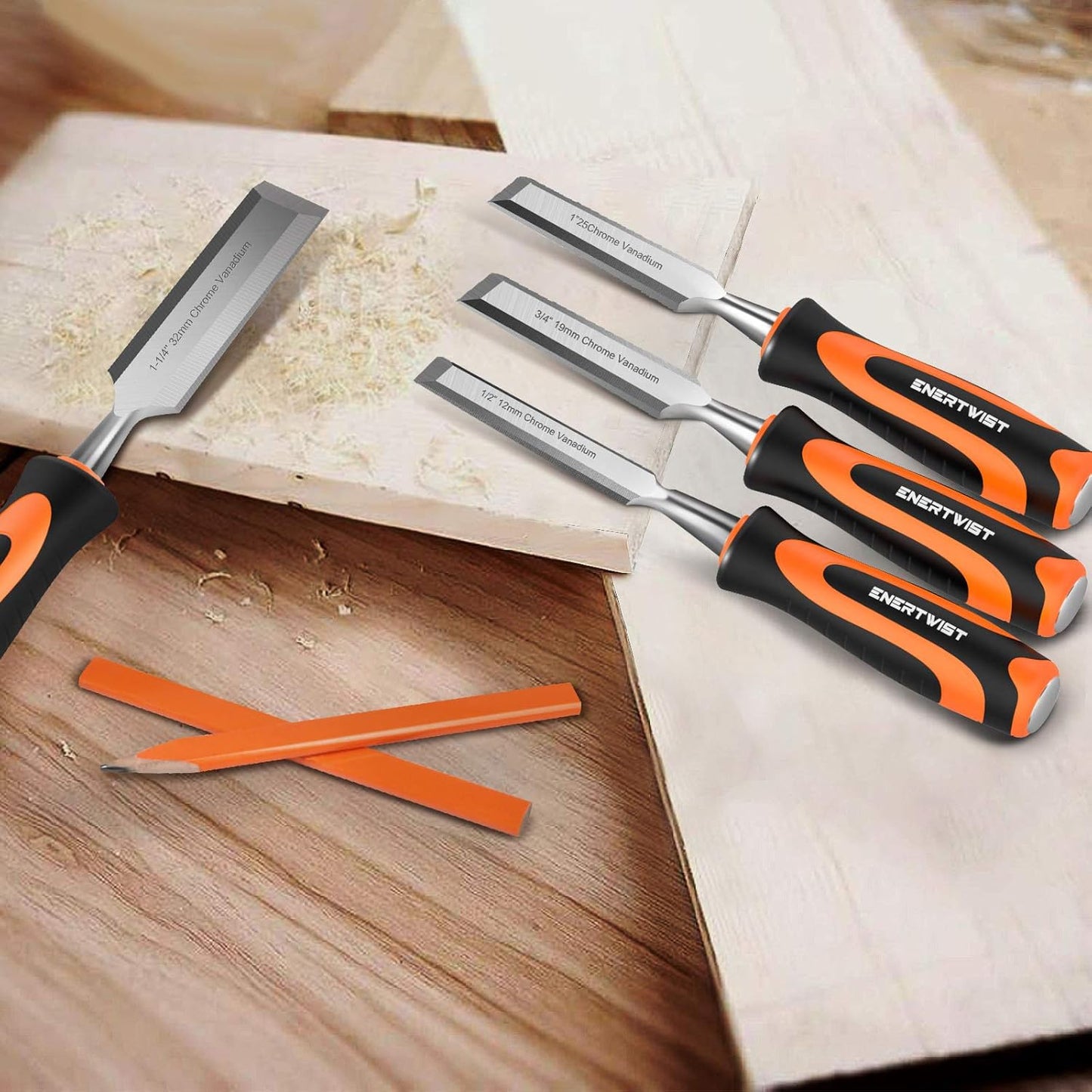 ENERTWIST 13pcs Wood Chisel Set, Premium Woodworking Chisel Sets w/ 8 CRV Construction Wood Chisels, 1 Sharpening Stone, 1 Honing Guide, 2 Carpenter Pencils, 1 Sharpener for Wood Carving in Hard Case
