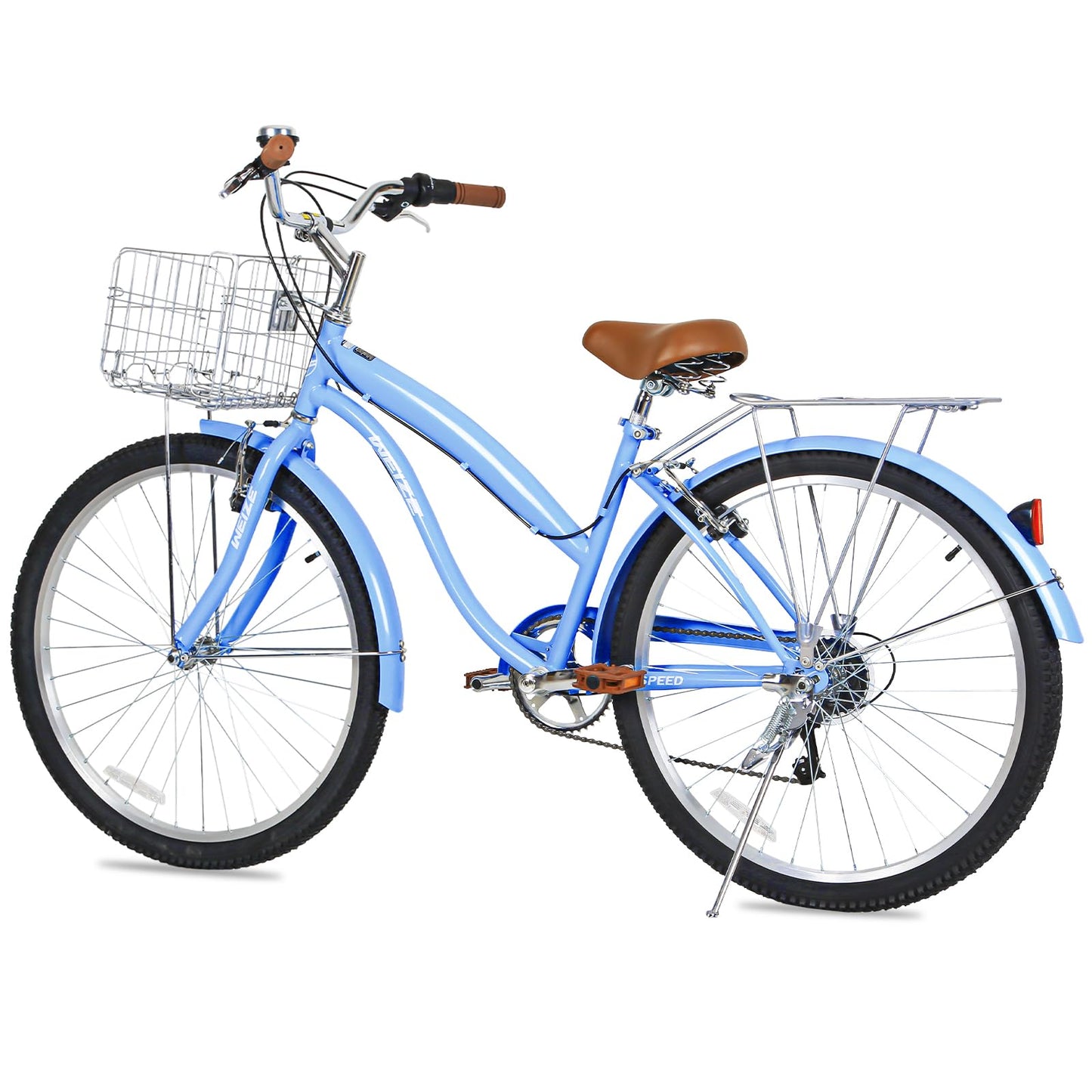 WEIZE Beach Cruiser Bike, 26 inch Commuter Bicycle for Adult Men and Women, 7-Speed/High-Carbon Steel/Front & Rear Fenders, Comfortable City Bikes with Rear Rack&Basket, Ergonomic Upright Design, Blue