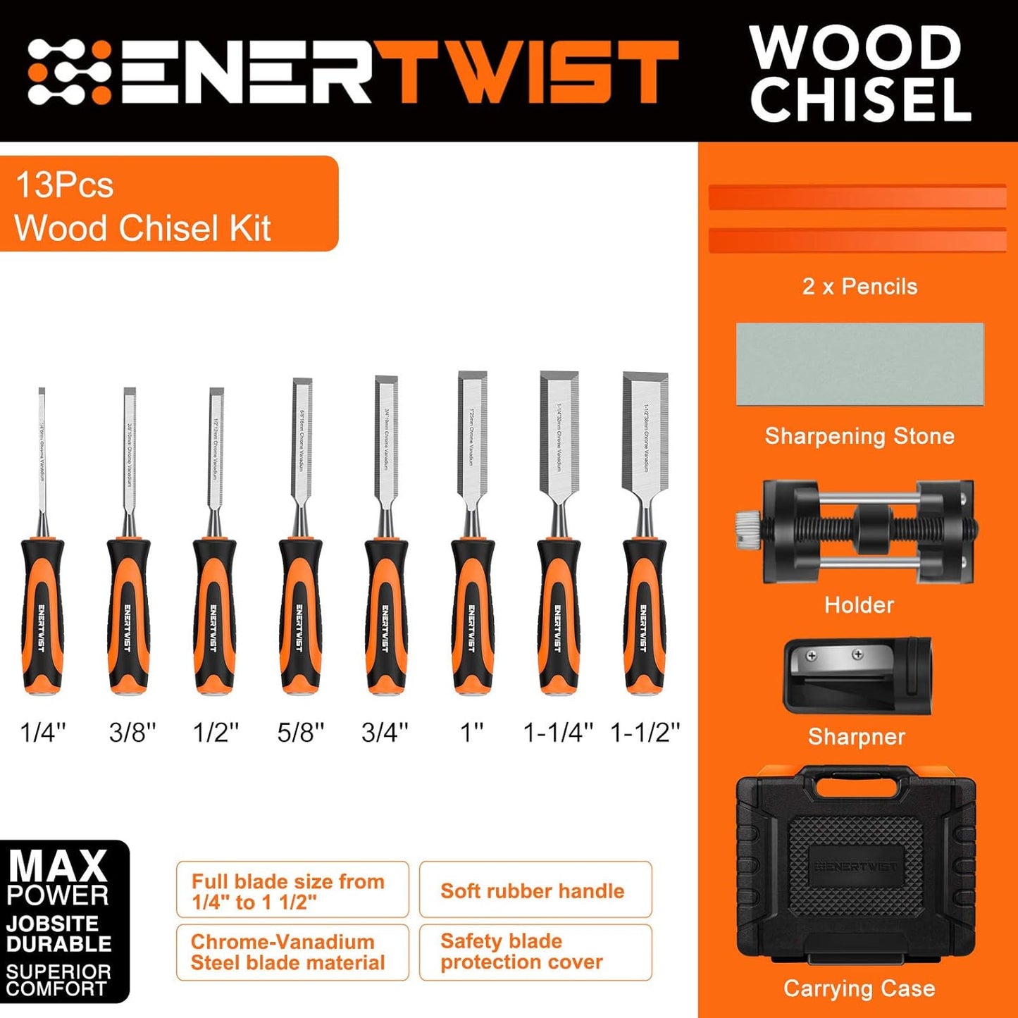 ENERTWIST 13pcs Wood Chisel Set, Premium Woodworking Chisel Sets w/ 8 CRV Construction Wood Chisels, 1 Sharpening Stone, 1 Honing Guide, 2 Carpenter Pencils, 1 Sharpener for Wood Carving in Hard Case