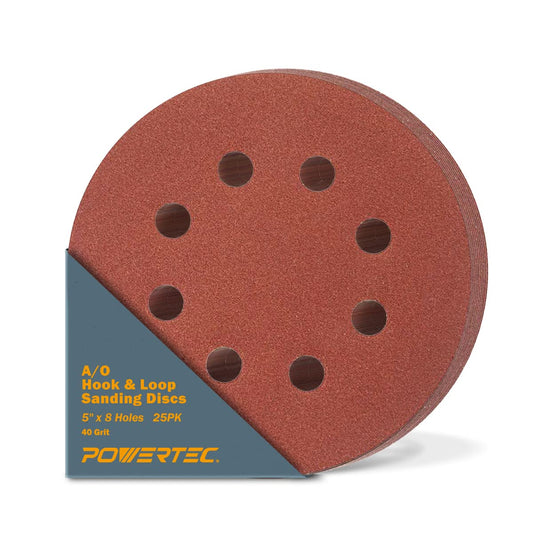 POWERTEC 100PK, 40/80/120/220/320 Grits, 5 Inch 8 Hole Hook and Loop Sanding Discs, Aluminum Oxide Sandpaper Discs, Woodworking Sanding Pads for Random Orbital, Palm, Air & Pneumatic Sander (45000)
