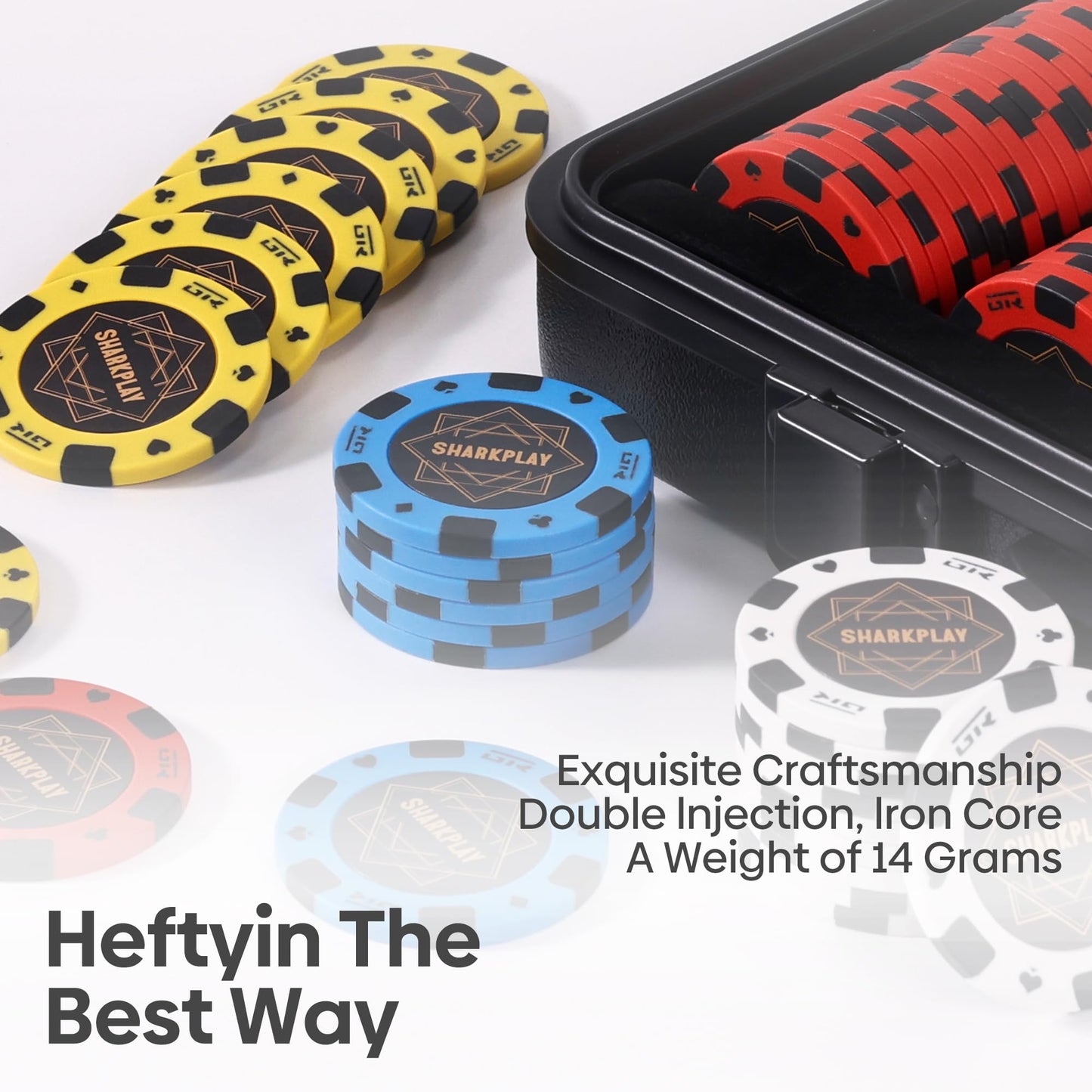 sharkplay 14g Clay Poker Chips Set for Texas Hold'em, 300 PCS Casino Blank Chips with High-end Carrying Case & Dealer Button