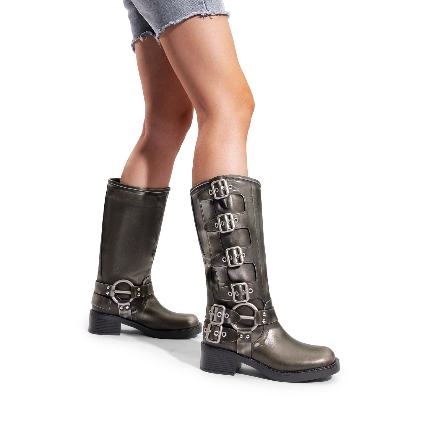 DREAM PAIRS Women's Knee High Riding Boots Slip On Motorcycle Boots Square Toe Chunky Heel Fashion Buckles Biker Boots