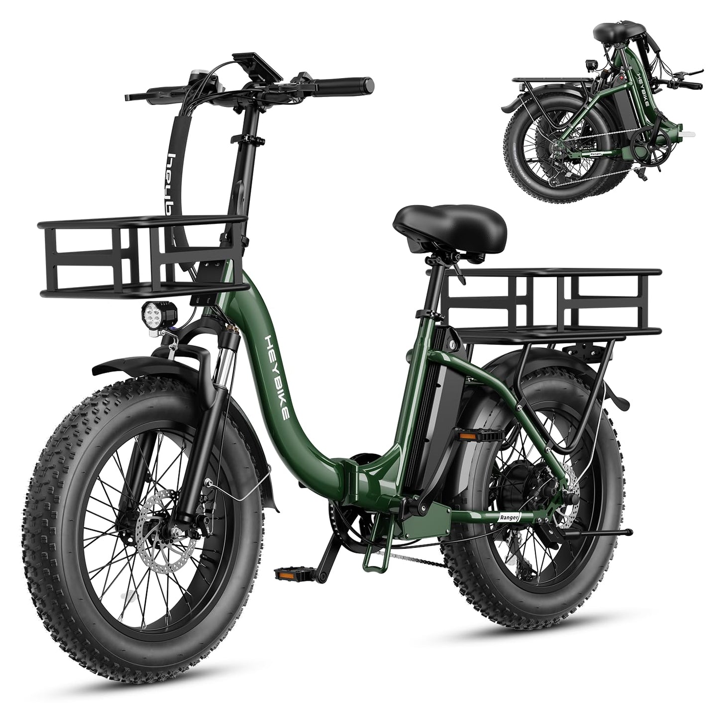 Heybike Ranger Electric Bike for Adults, Peak 1400W Upgraded Motor Ebike, 28MPH [20" Fat Tire All-Terrain] 600Wh Removable Battery Folding Step-Thru E Bike with Front Suspension