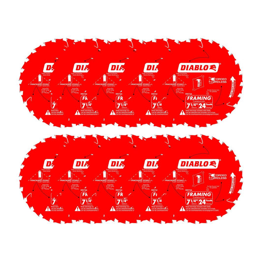 Diablo Framing Saw Blade with Perma-Shield - Tracking Point Tooth Design for Efficient Cutting - 7-1/4" x 24-Tooth, 10-Pack - D0724A