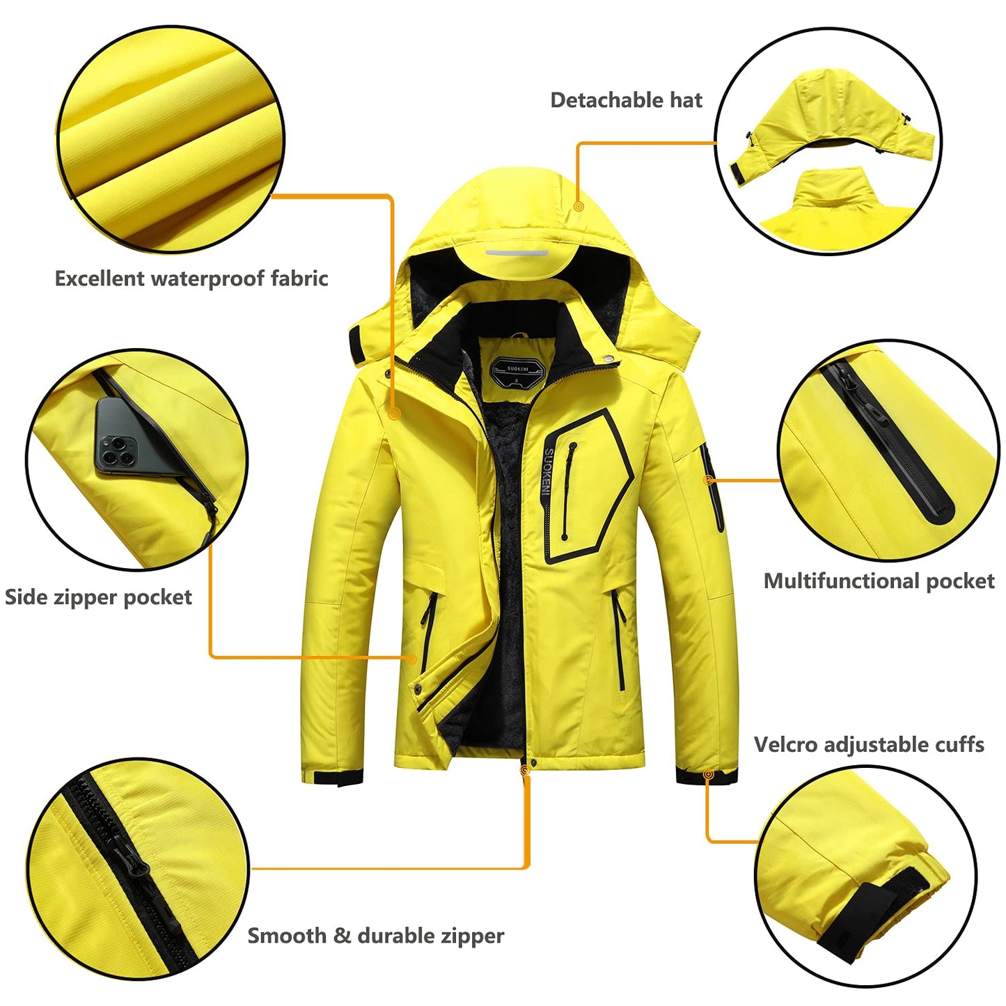 SUOKENI Women's Waterproof Warm Winter Snow Coat Hooded Raincoat Ski Snowboarding Jacket