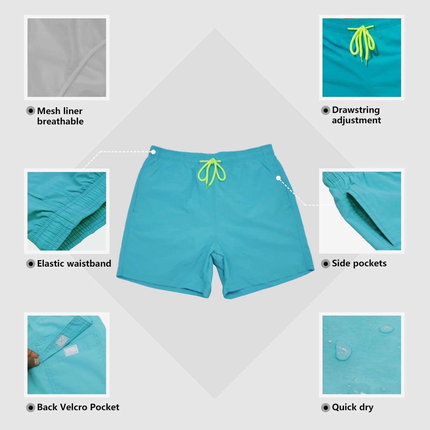 SILKWORLD Men's Swimming Surf Beach Shorts Mesh Liner(Small, Peacock Blue)