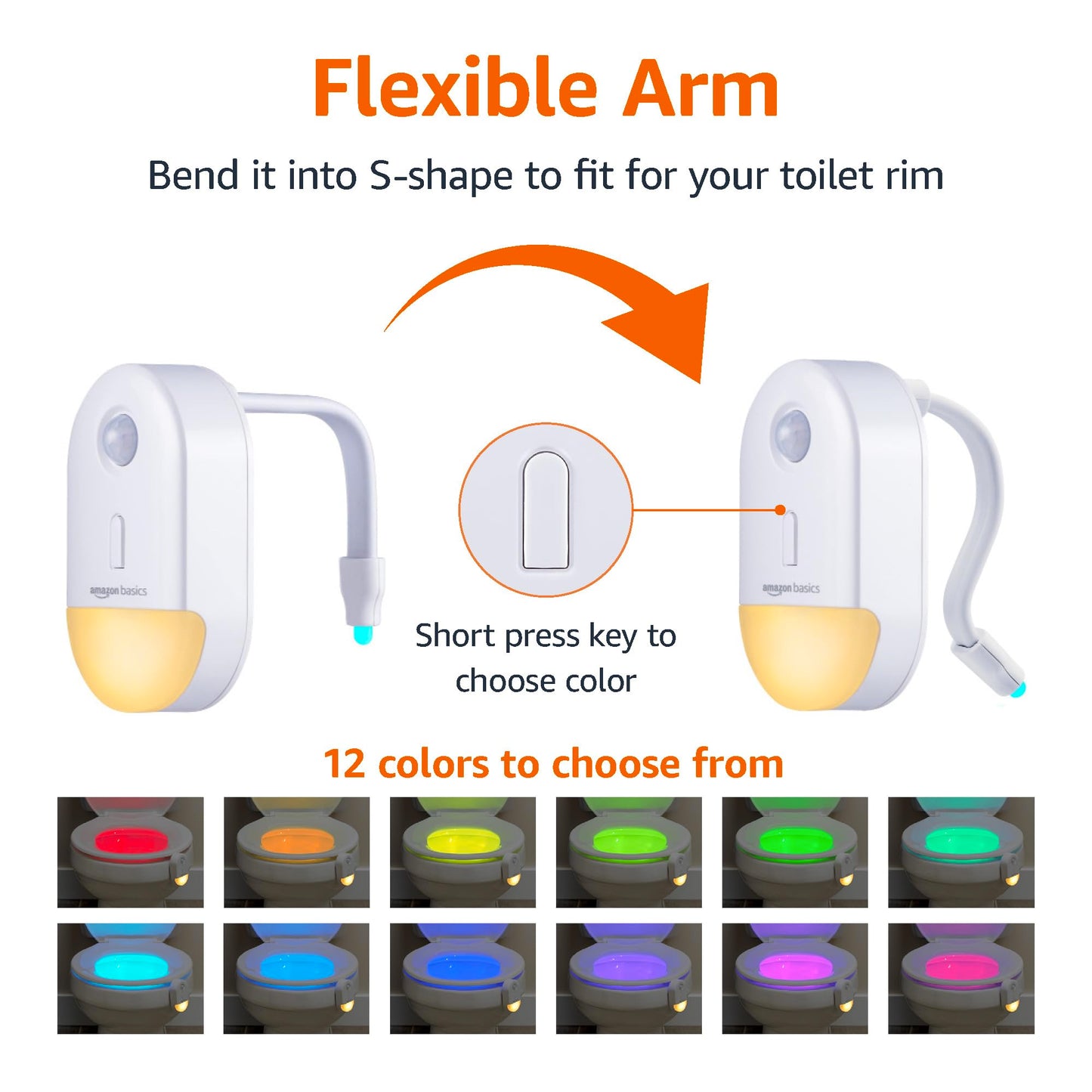 Amazon Basics Color Changing LED Toilet Bowl Motion Sensor Light, Battery Operated, 2 Pack, White