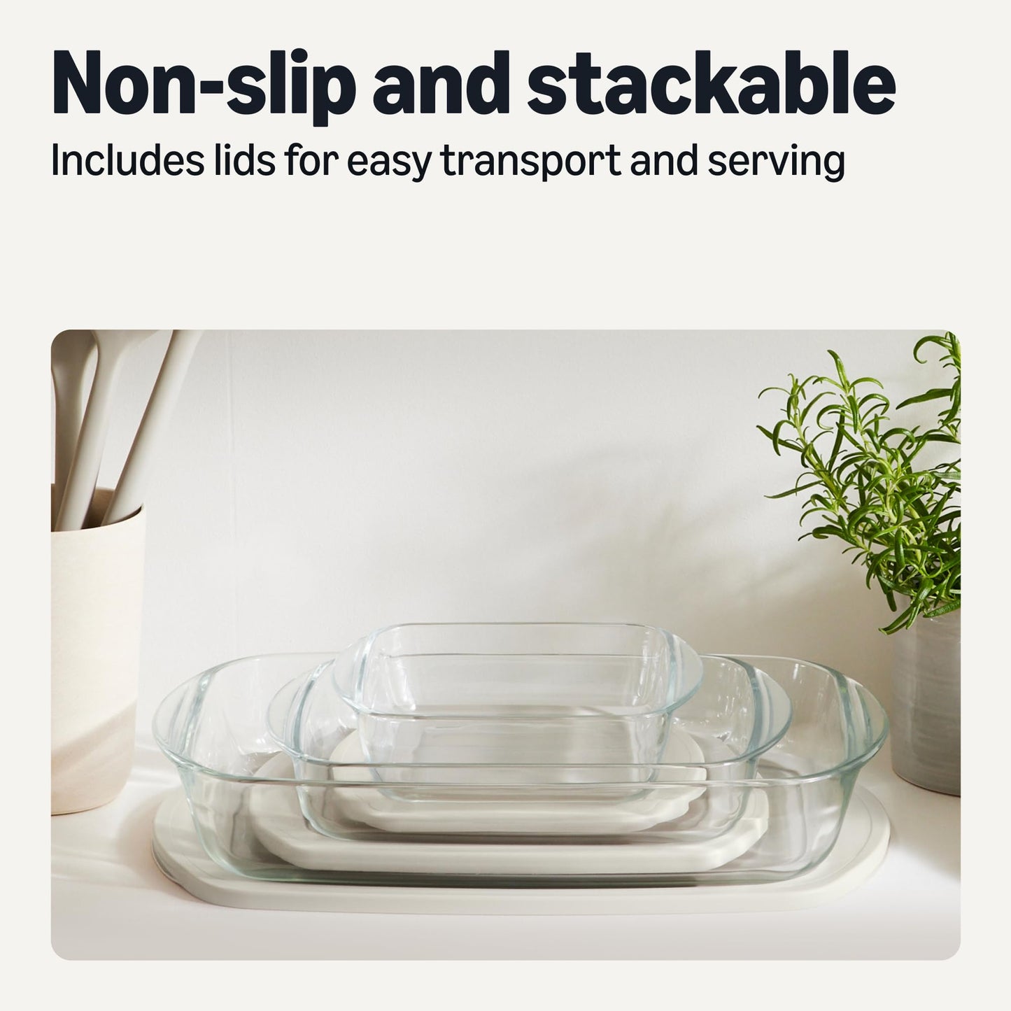 Amazon Basics Glass Baking Dishes with BPA-Free Lids, 6-Piece Set, Borosilicate Glass, Dishwasher and Oven-Safe, Linen Gray