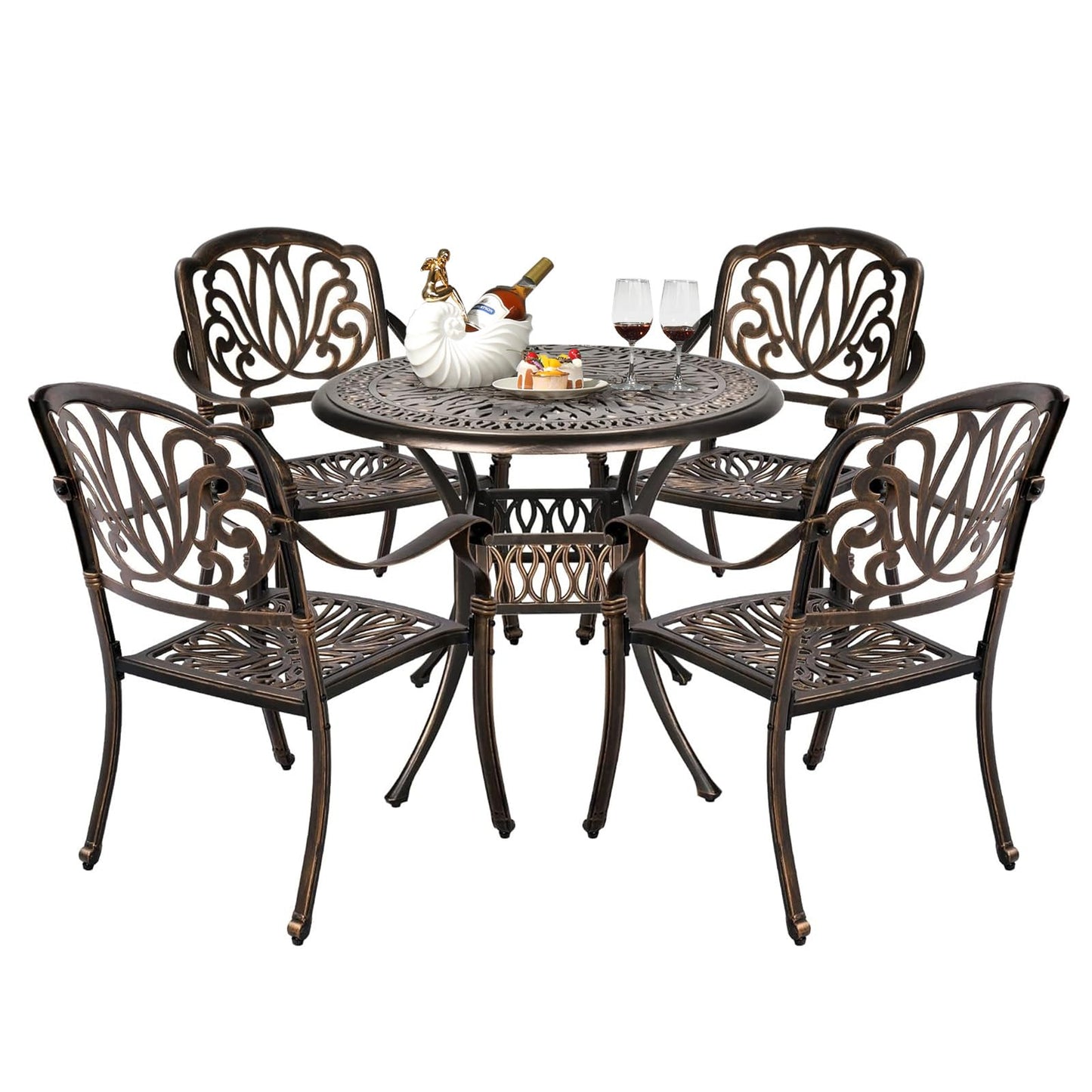 VINGLI 5 Pieces Outdoor Patio Dining Set, Cast Aluminium Patio Furniture Set with 4 Chairs and 1 Umbrella Table for Yard, Garden, Porch and Poolside, Bronze (Square Table)