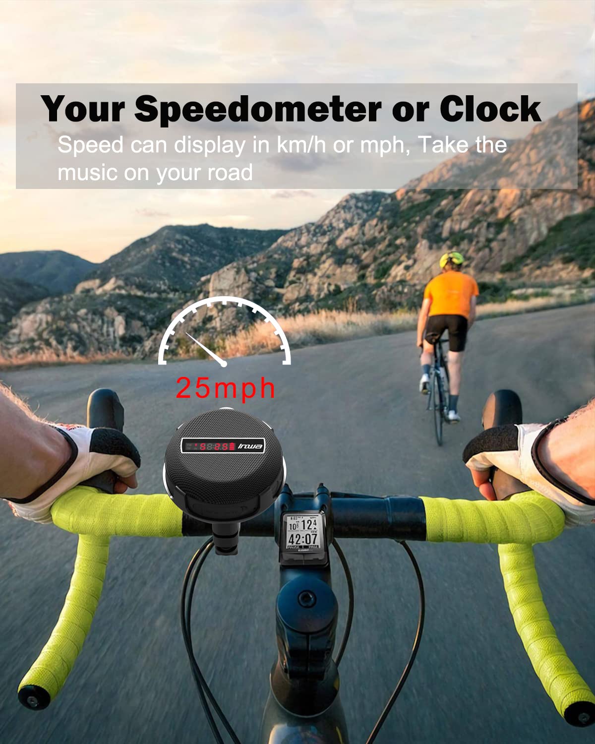 Inwa Portable Bluetooth Speaker, Bike Speakers with Speed Display, Wireless Speaker with 480 Mins Super Long of Playtime. Decent Sound, Compact Size and Loudness for Riding, Hiking, Showering, Golfing