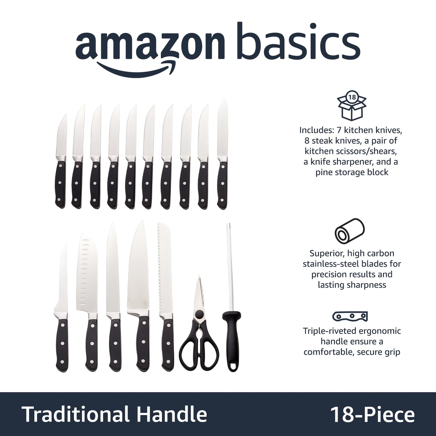 Amazon Basics 18 Pieces Premium High-Carbon Stainless Steel Blades with Pine Wood Knife Block Set,Kitchen, Black