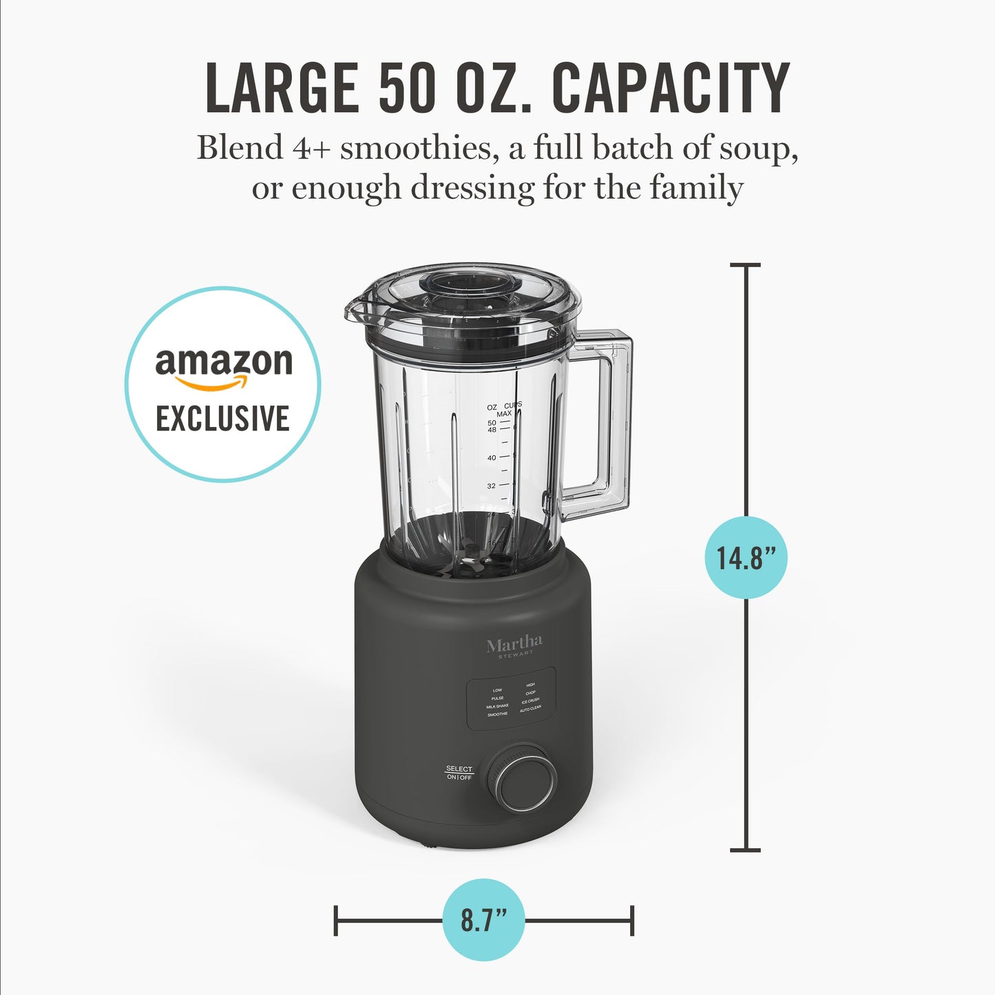 Martha Stewart 50oz Countertop Blender, Smoothie, Margarita & Ice Crushing Blender, BPA-Free Pitcher, 3 Speeds, 5 Presets, Auto-Clean Function, Dishwasher Safe, Stainless Steel Blades, Sky Blue