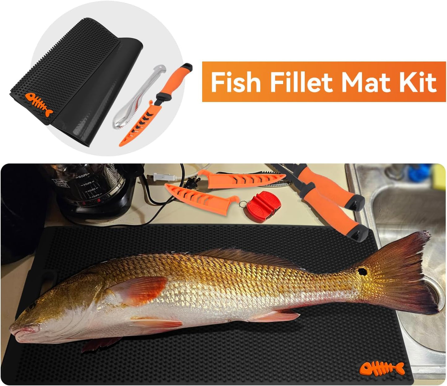 28 Inch Non Slip Fish Fillet Mat Kit Heavy Duty Rollable Fish Bait Cutting Board Large Size Fish Cleaning Mat with 5 inch Fillet Knife and Fish Scaler Portable Fish Filleting Mat