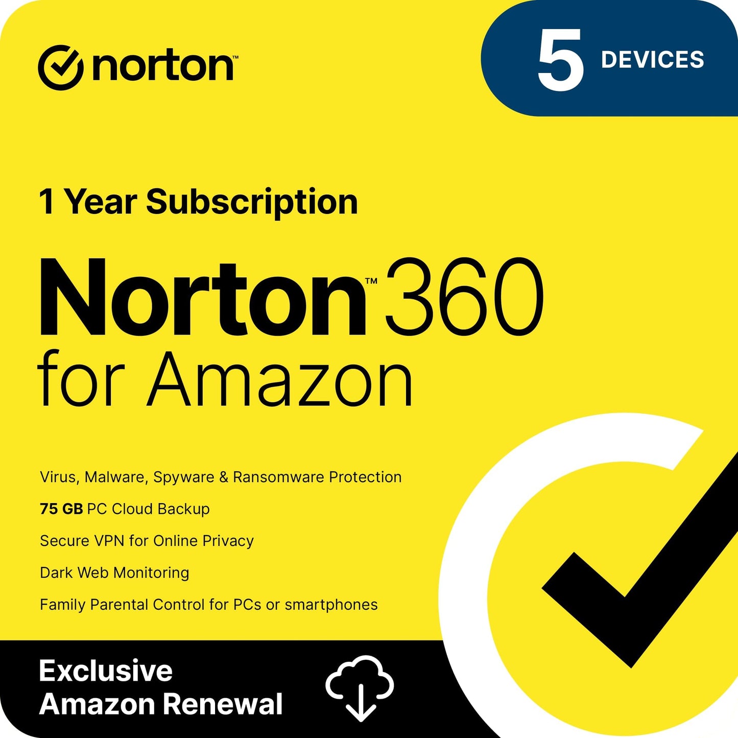 Norton 360 for Amazon, Antivirus software for up to 5 Devices, Includes VPN, Dark Web Monitoring, and PC Cloud Backup, Activation Required [Subscription]