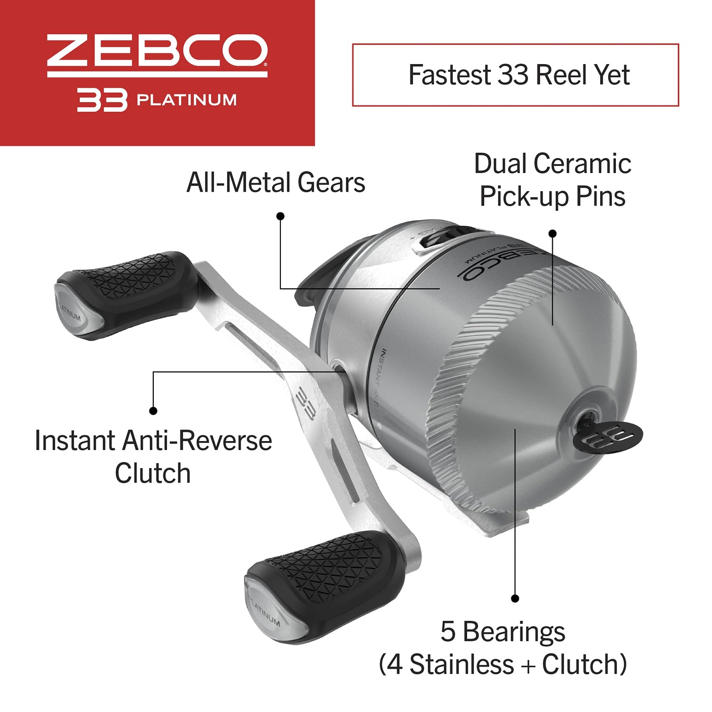 Zebco 33 Platinum Spincast Fishing Reel, Size 30 Reel, Right or Left-Hand Retrieve, 4.7:1 Gear Ratio, Pre-spooled with 10 lb Zebco Cajun Line, Silver