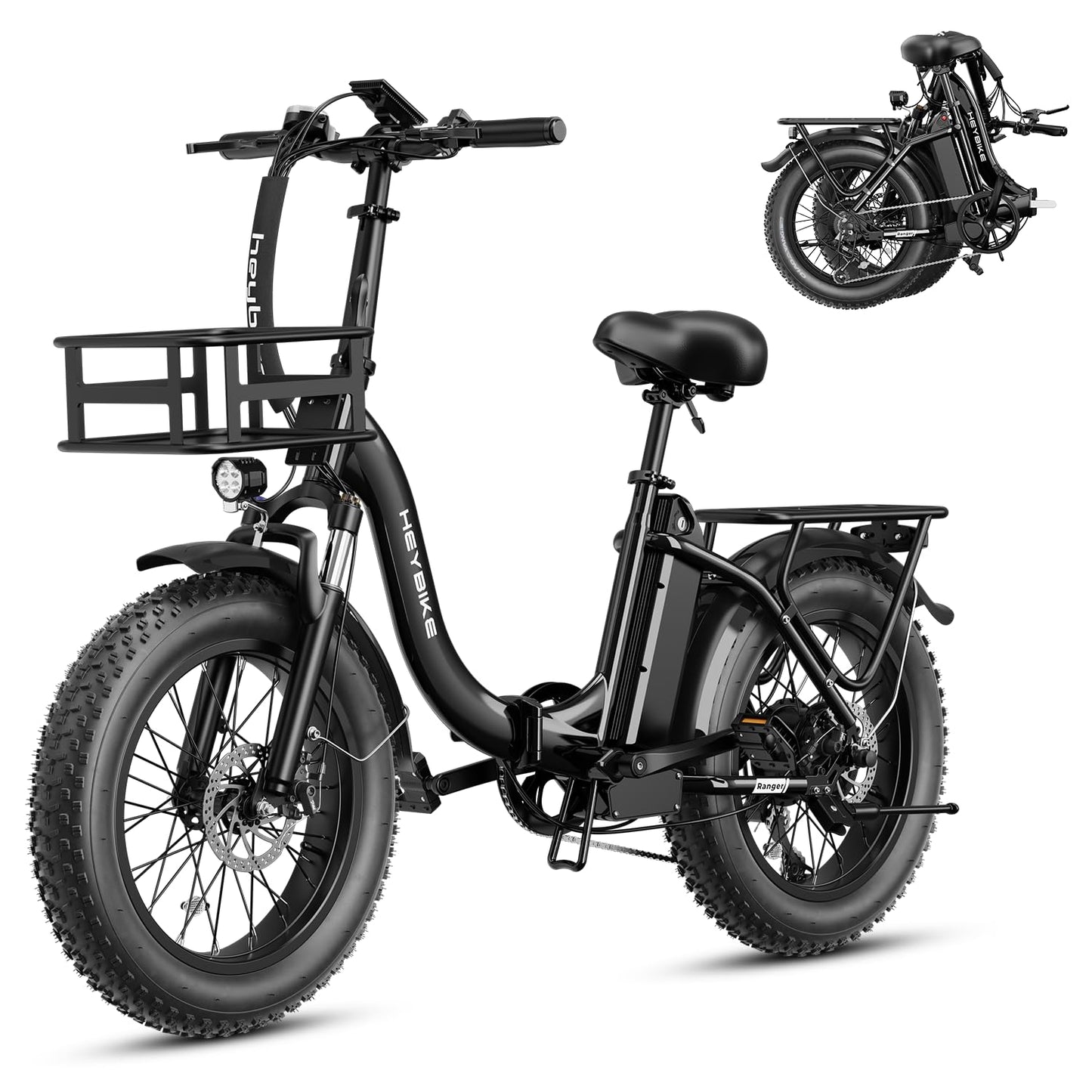 Heybike Ranger Electric Bike for Adults, Peak 1400W Upgraded Motor Ebike, 28MPH [20" Fat Tire All-Terrain] 600Wh Removable Battery Folding Step-Thru E Bike with Front Suspension