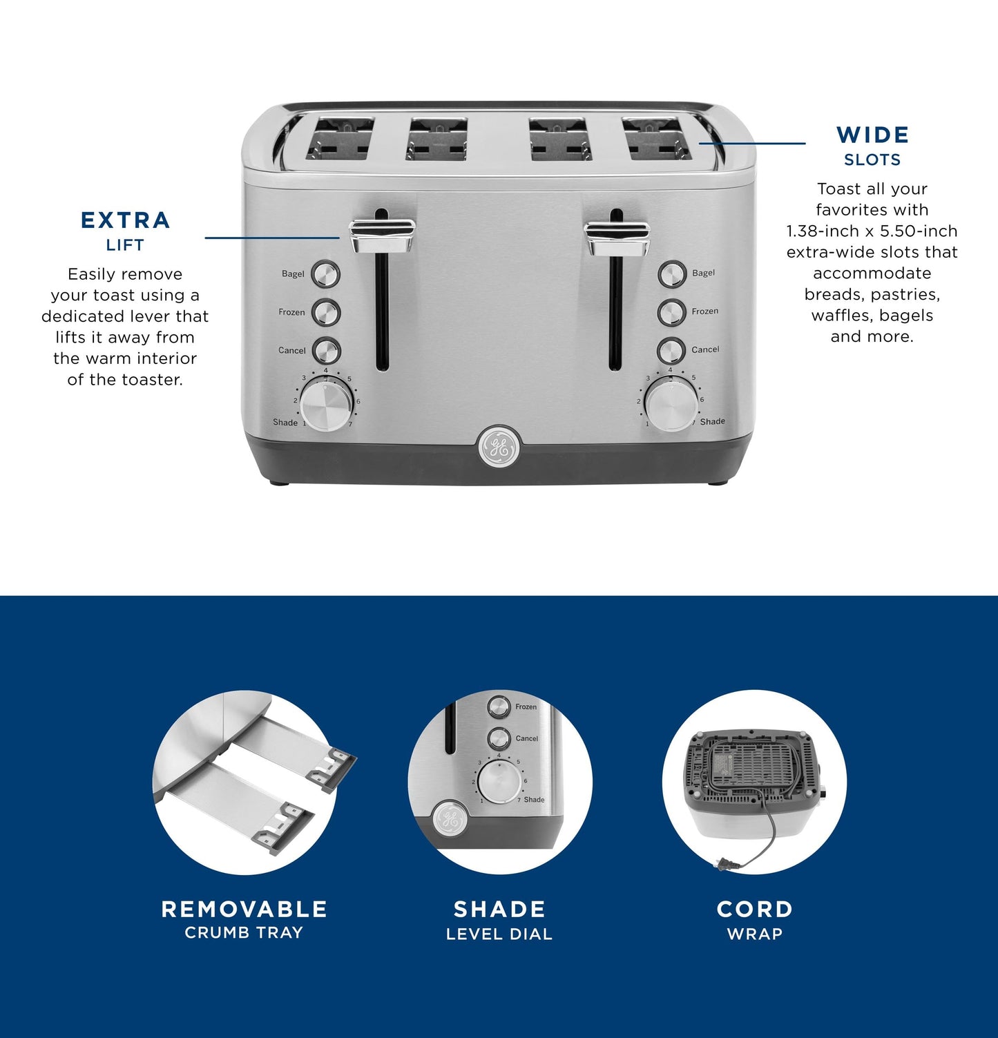 GE 2 Slice Stainless Steel Toaster, Extra Wide Slots for Toasting Bagels, Breads, Waffles & More, 7 Adjustable Shade Settings, Removable Crumb Tray, Countertop Kitchen Essentials, 850 Watts