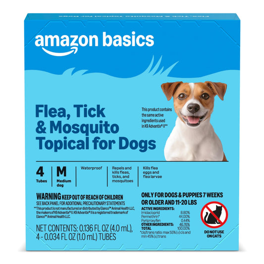 Amazon Basics Preventative Flea, Tick & Mosquito Topical Treatment for Medium Dogs (11-20 Pounds), 4 Count, Packaging May Vary