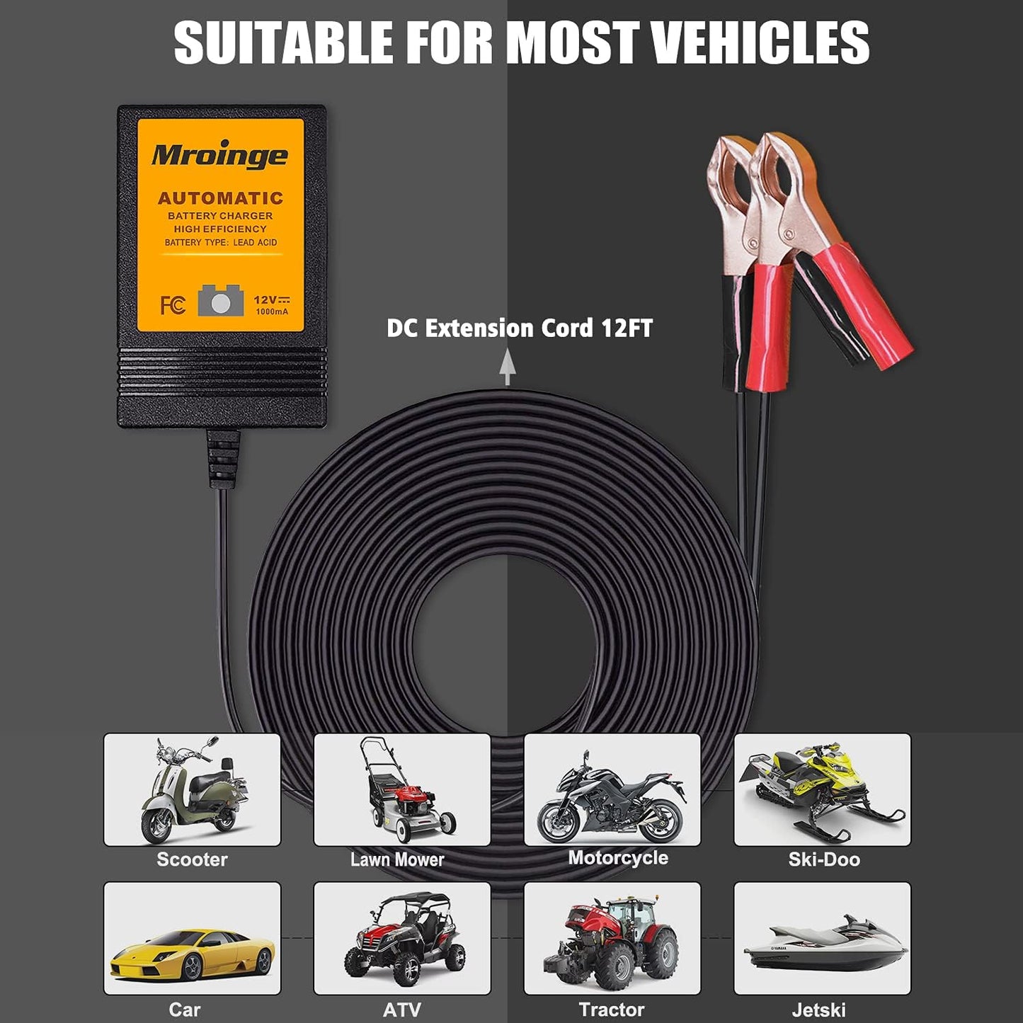 Trickle Charger 12V 1000mA Smart Battery Charger & Maintainer and Automatic Float Charger for Motorcycle, ATV, Lawnmowers and More