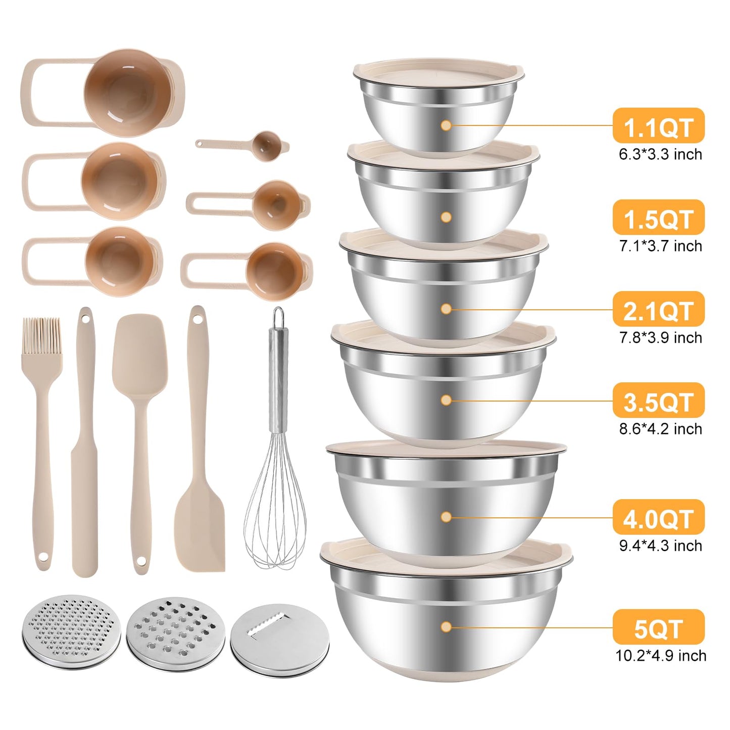 Mixing Bowls with Airtight Lids Set, 20 PCS Kitchen Gadgets Set, 6 Stainless Steel Bowls,3 Grater Attachments,Non-Slip Silicone Bottoms,Great for Serving&Baking,Size 5, 4, 3.5, 2.1, 1.5, 1.1QT (Khaki)