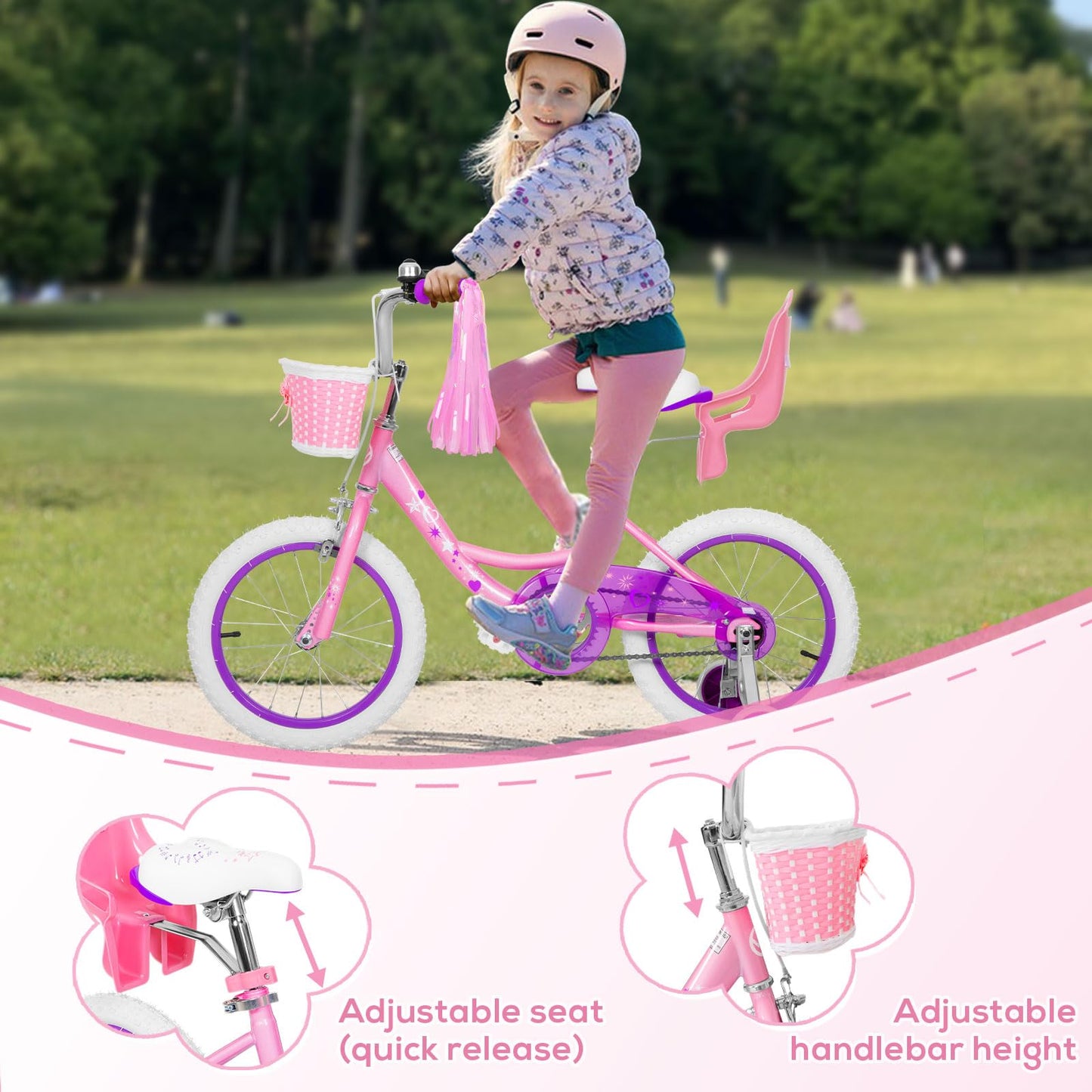 WEIZE Girls Bike for 3-12 Years Old Kids, 14 16 20 Inch Kids Bike with Training Wheels, Streamers, Basket and Doll Seat, Children Bicycles with Coaster Brake, Pink