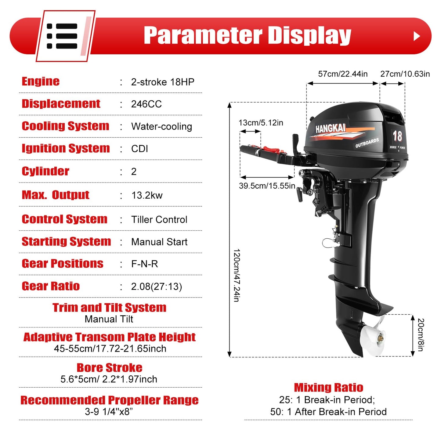 Outboard Motor Engine 2 Stroke18HP Horsepower Long Axis, 246CC Gasoline Power Boat Motor Engine with CDI System, Mud Motor Kit for Width Less than 4.9 Feet and Length Less than 19.7 Inches