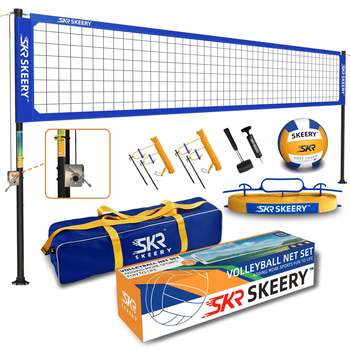 SKEERY Outdoor Heavy Duty Volleyball Net Set, Anti-Sag Design, Adjustable Aluminum Poles, Portable Volleyball Net for Backyard,Grass and Beach(Blue)