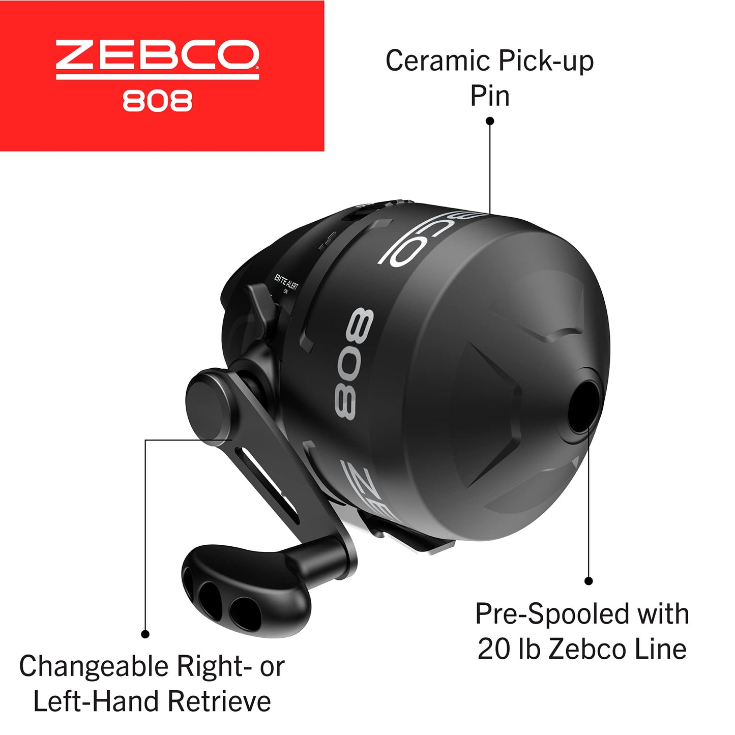 Zebco 808 Spincast Fishing Reel, Size 80 Reel, Changeable Right- or Left-Hand Retrieve, Pre-Spooled with 20-Pound Zebco Fishing Line, Dial-Adjustable Magnum Drag, Black